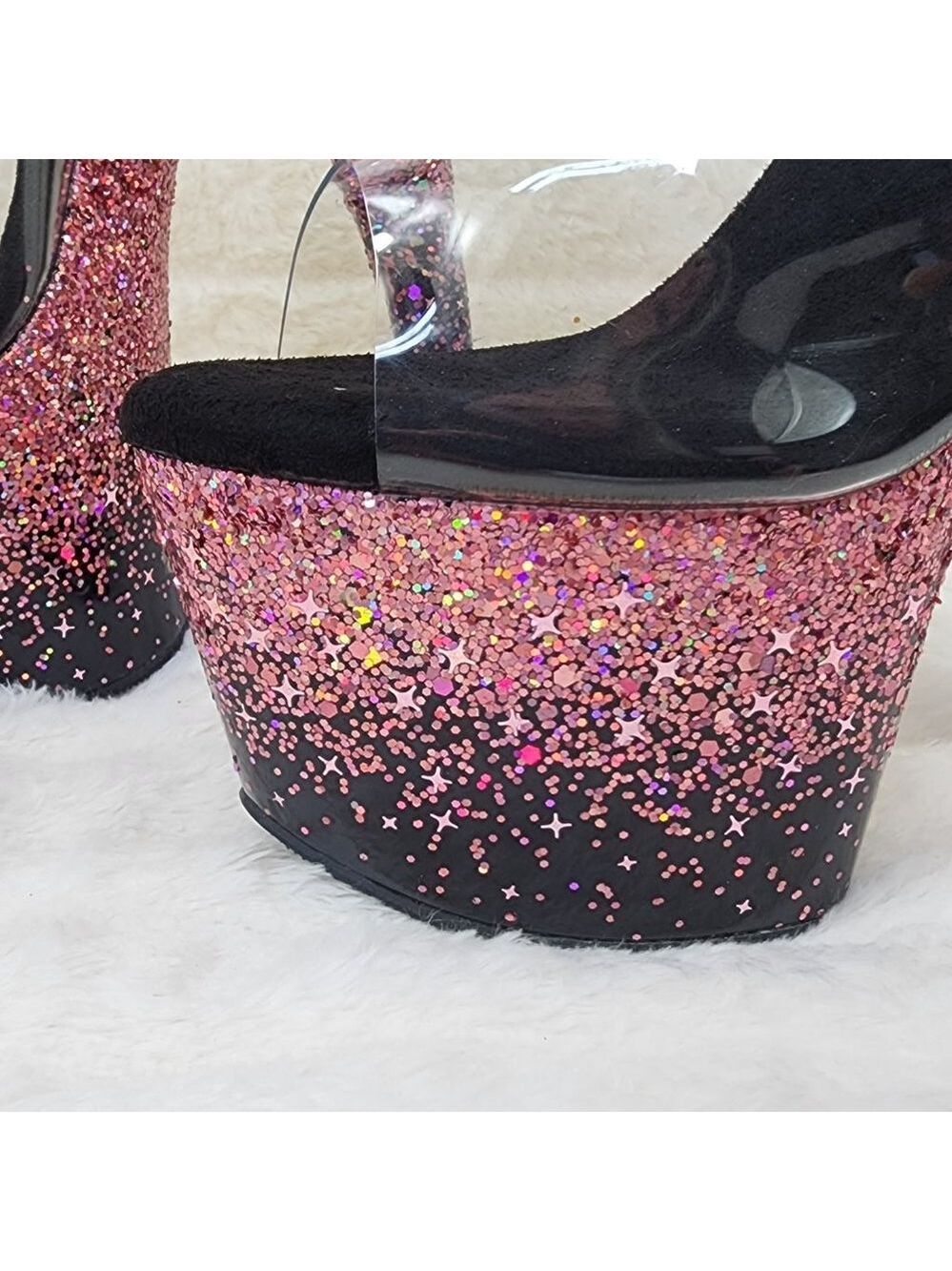 Adore 708SS Pink Hologram Glitter Ombre Platform Ankle Strap Platform 7" Heels - Picture 4 of 12